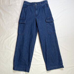 Uniqlo Size Small Wide Straight Cargo Denim Jeans Blue 100% Cotton